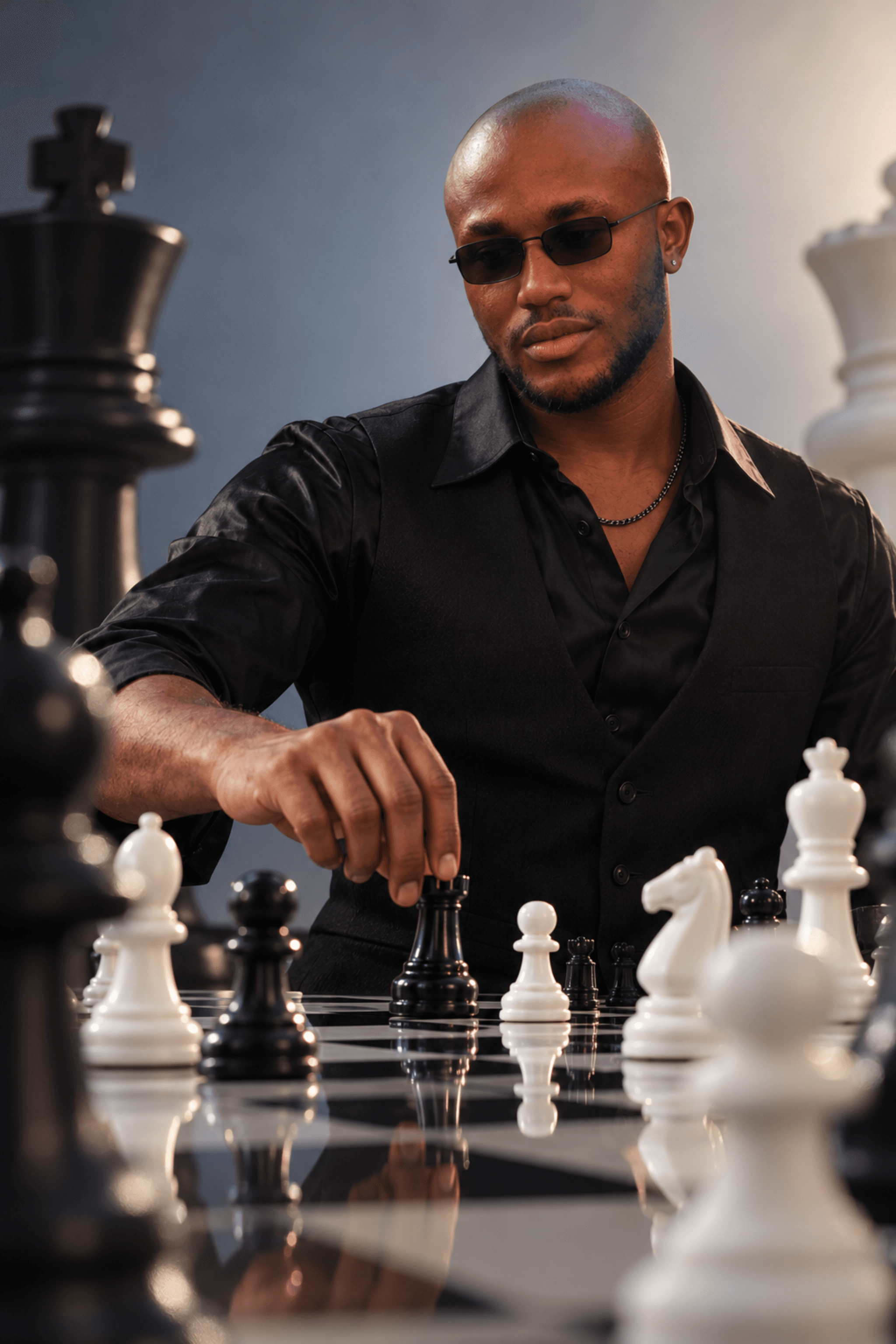 Muiz wearing black, seated at a chessboard